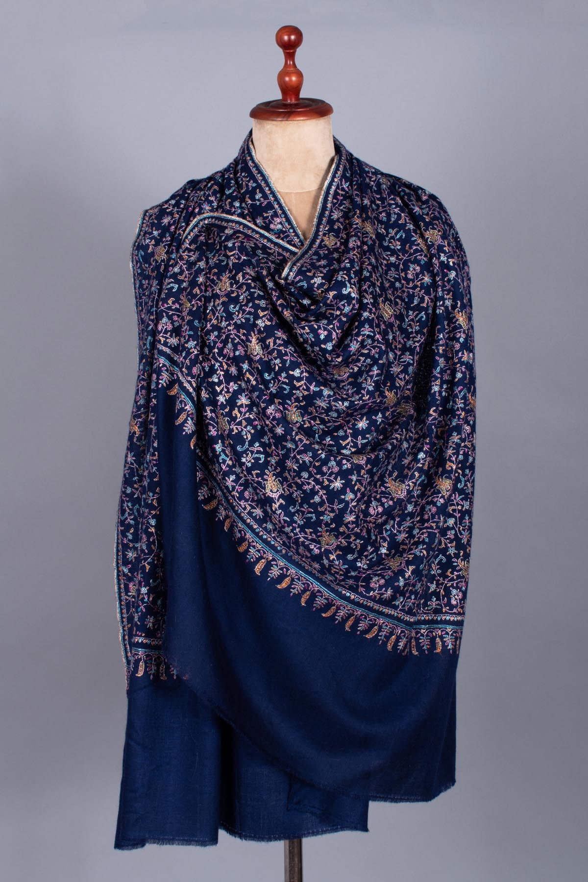 Prussian Blue Pashmina Shawl with Silk Embroidery - PESCARA