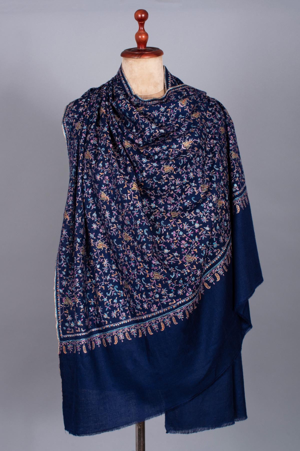 Prussian Blue Pashmina Shawl with Silk Embroidery - PESCARA