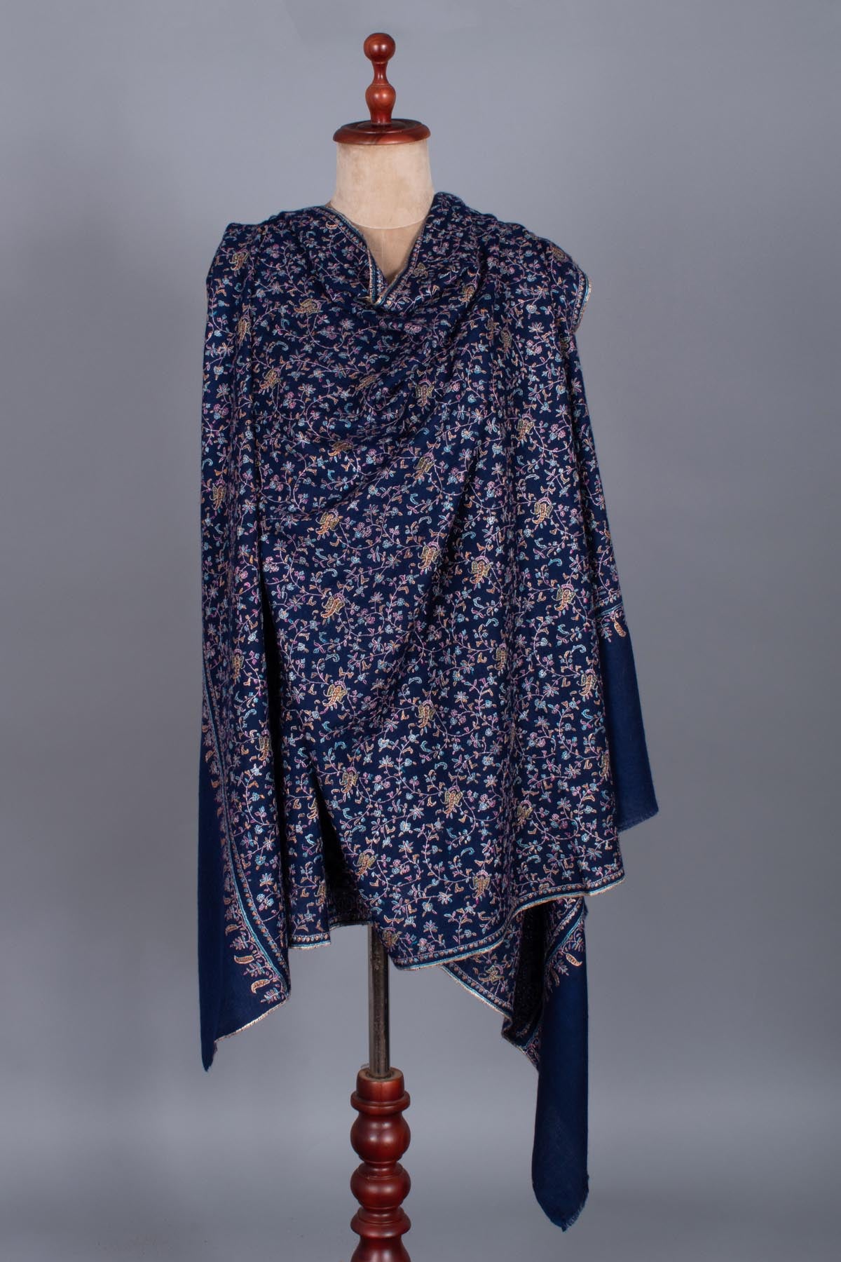 Prussian Blue Pashmina Shawl with Silk Embroidery - PESCARA