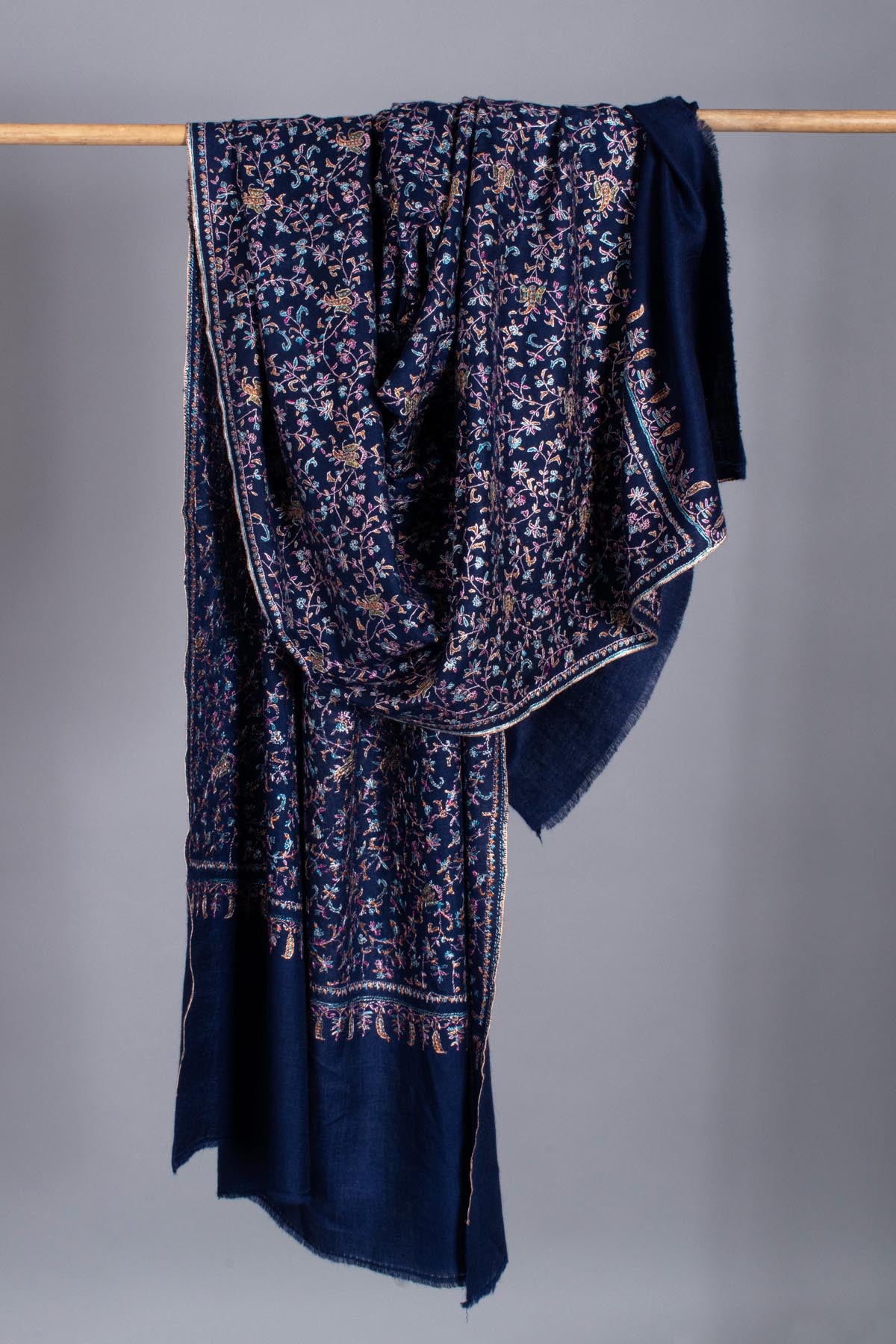 Prussian Blue Pashmina Shawl with Silk Embroidery - PESCARA