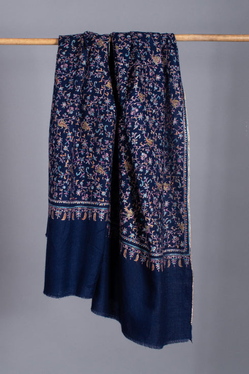 Prussian Blue Pashmina Shawl with Silk Embroidery - PESCARA