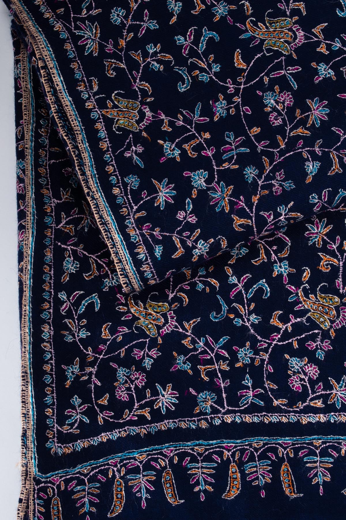 Prussian Blue Pashmina Shawl with Silk Embroidery - PESCARA