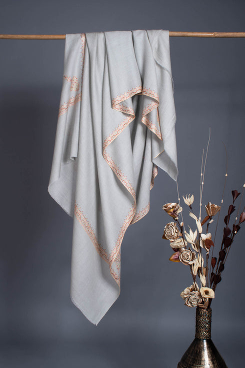 Silver Grey Handloomed Cashmere Hand Embroidered Shawl - TORREON