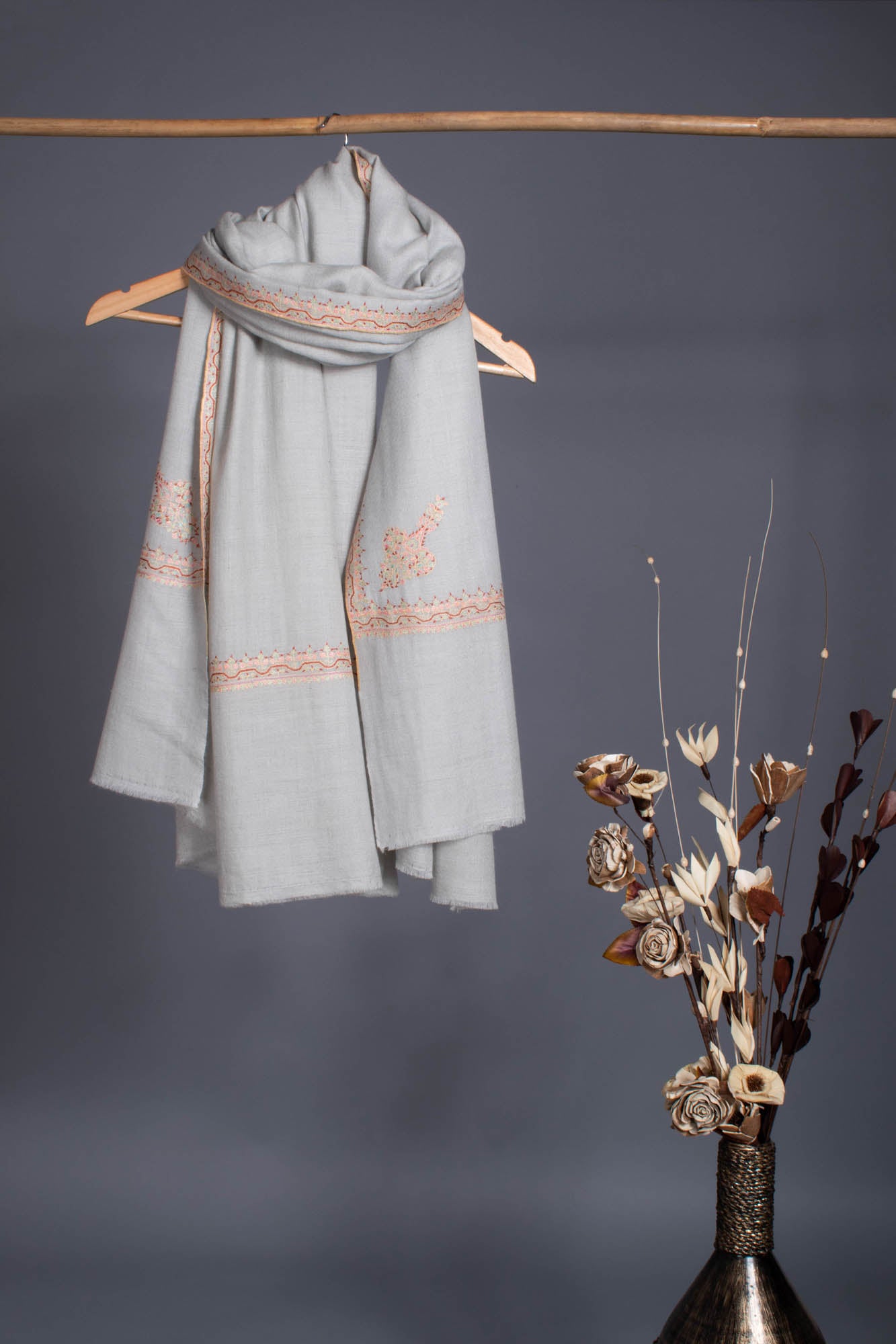 Silver Grey Handloomed Cashmere Hand Embroidered Shawl - TORREON