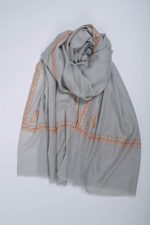 Silver Grey Handloomed Cashmere Hand Embroidered Shawl - TORREON