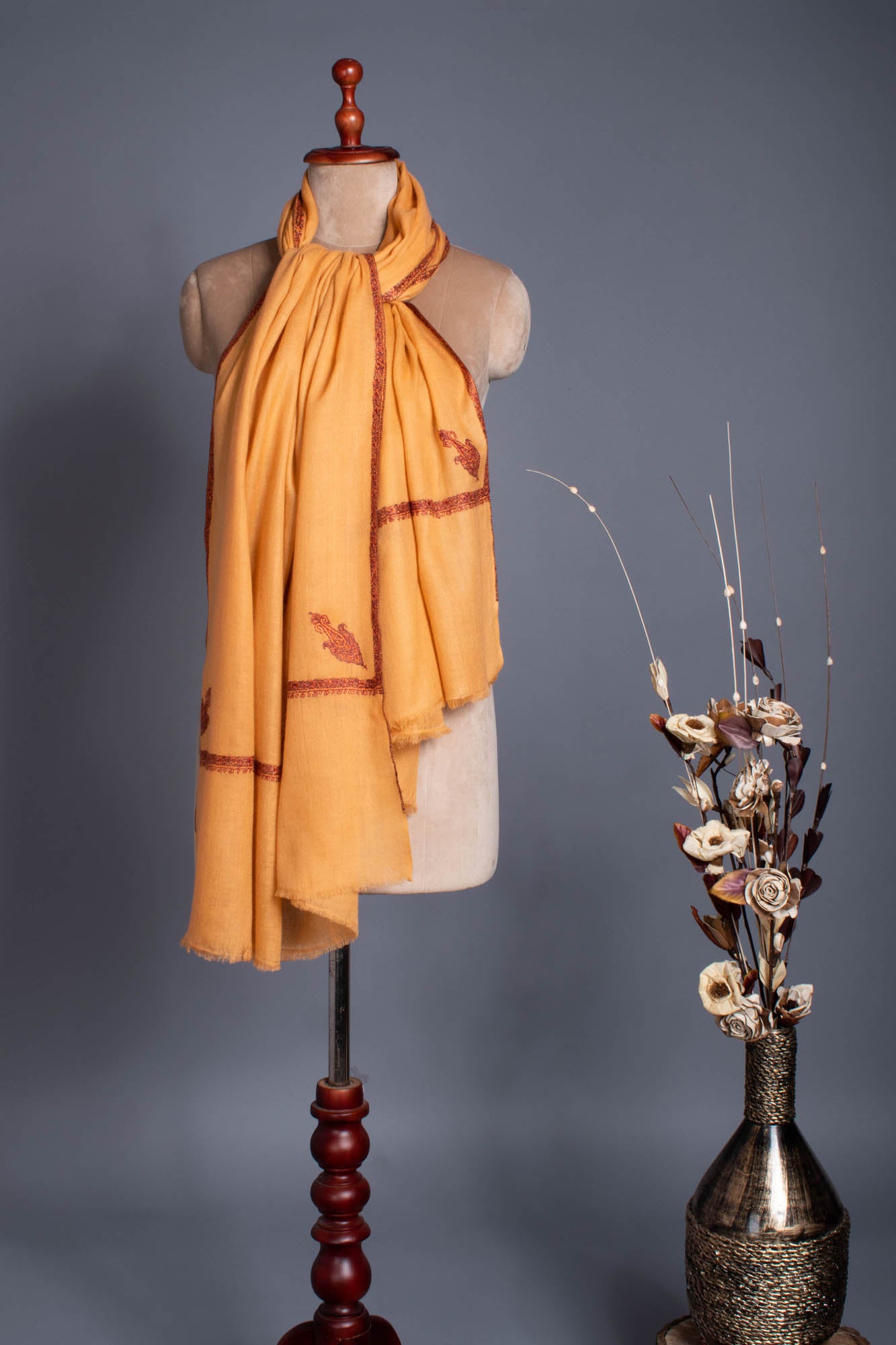 Tangerine Hand Embroidered Baildar Pashmina Shawl - MISSISSAUGA